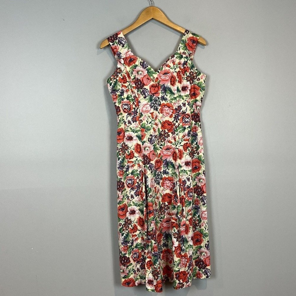 J Peterman Yellow Red Floral Summer Dress Sweetheart Neckline‎ Size 4